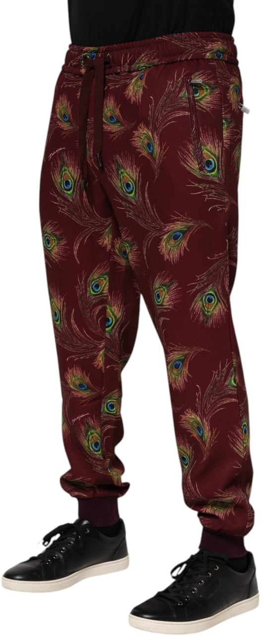 Dolce & Gabbana Burgundy Peacock Feather Print Jogger Pants Maroon