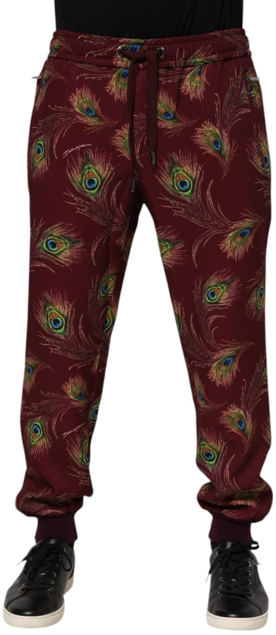 Dolce & Gabbana Burgundy Peacock Feather Print Jogger Pants Maroon