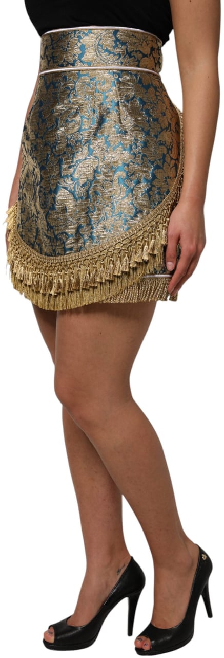 Dolce & Gabbana Blue Floral Jacquard Tasseled Mini Skirt Blauw