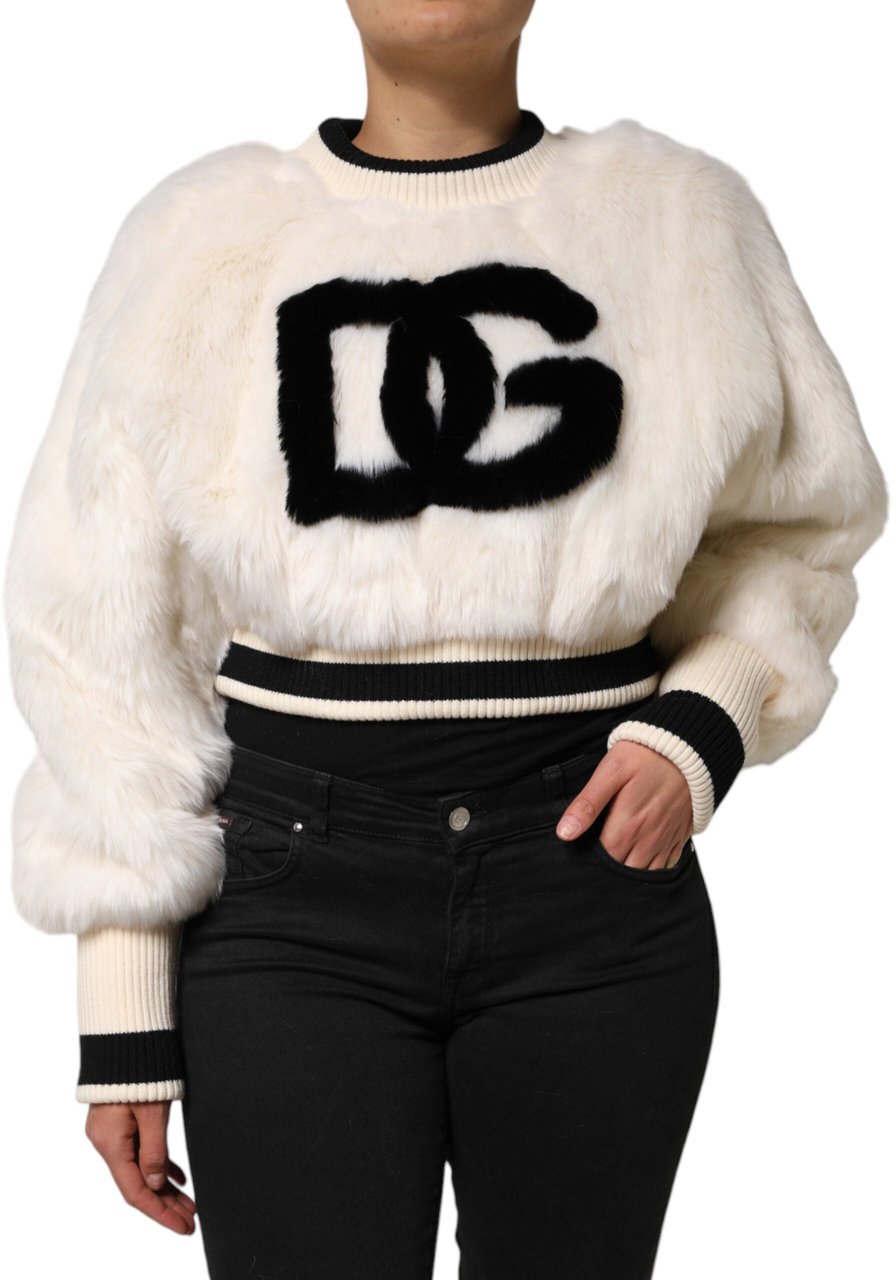 Dolce & Gabbana White Cropped Faux Fur DG Sweatshirt Sweater Divers