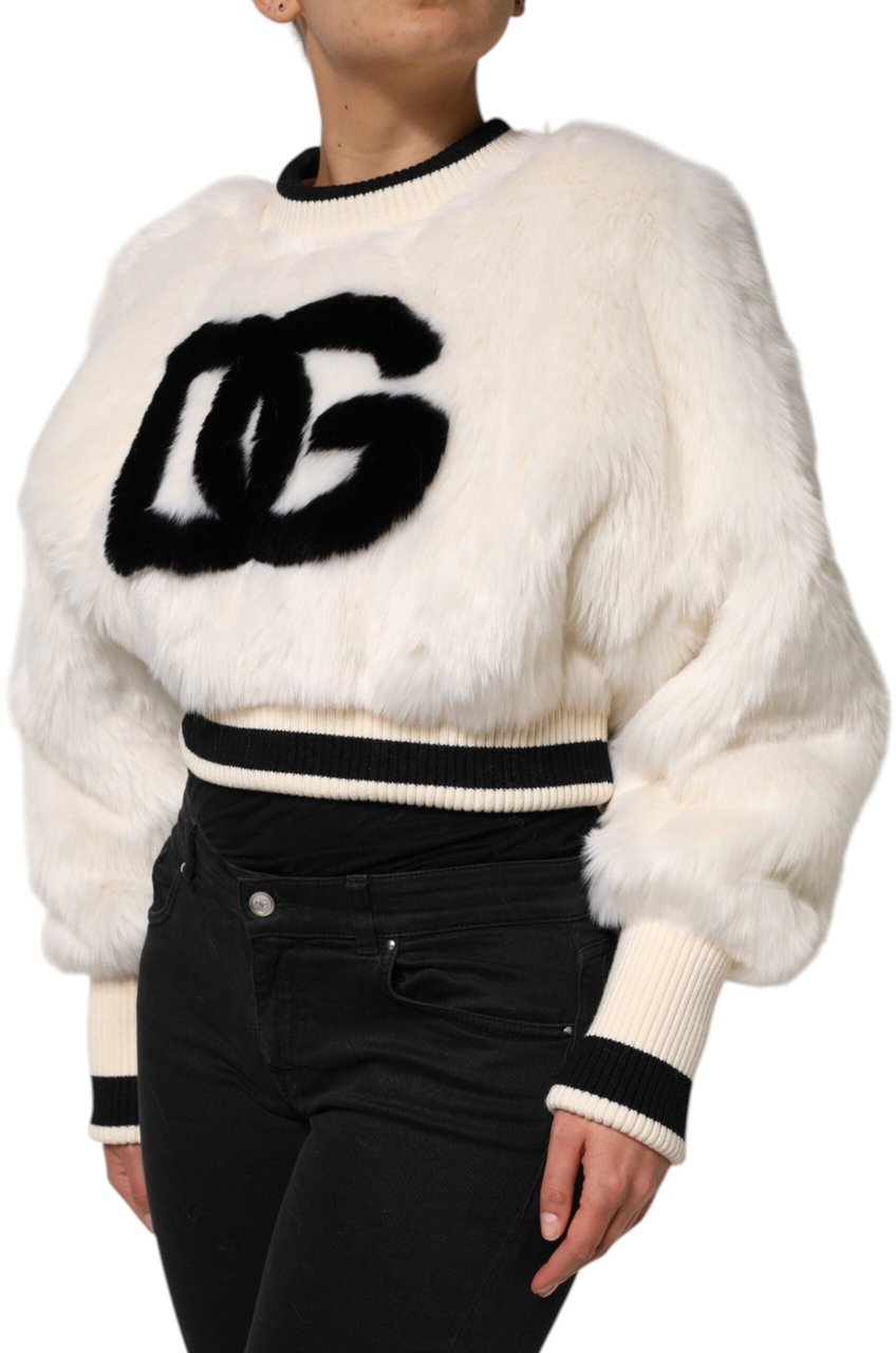 Dolce & Gabbana White Cropped Faux Fur DG Sweatshirt Sweater Divers