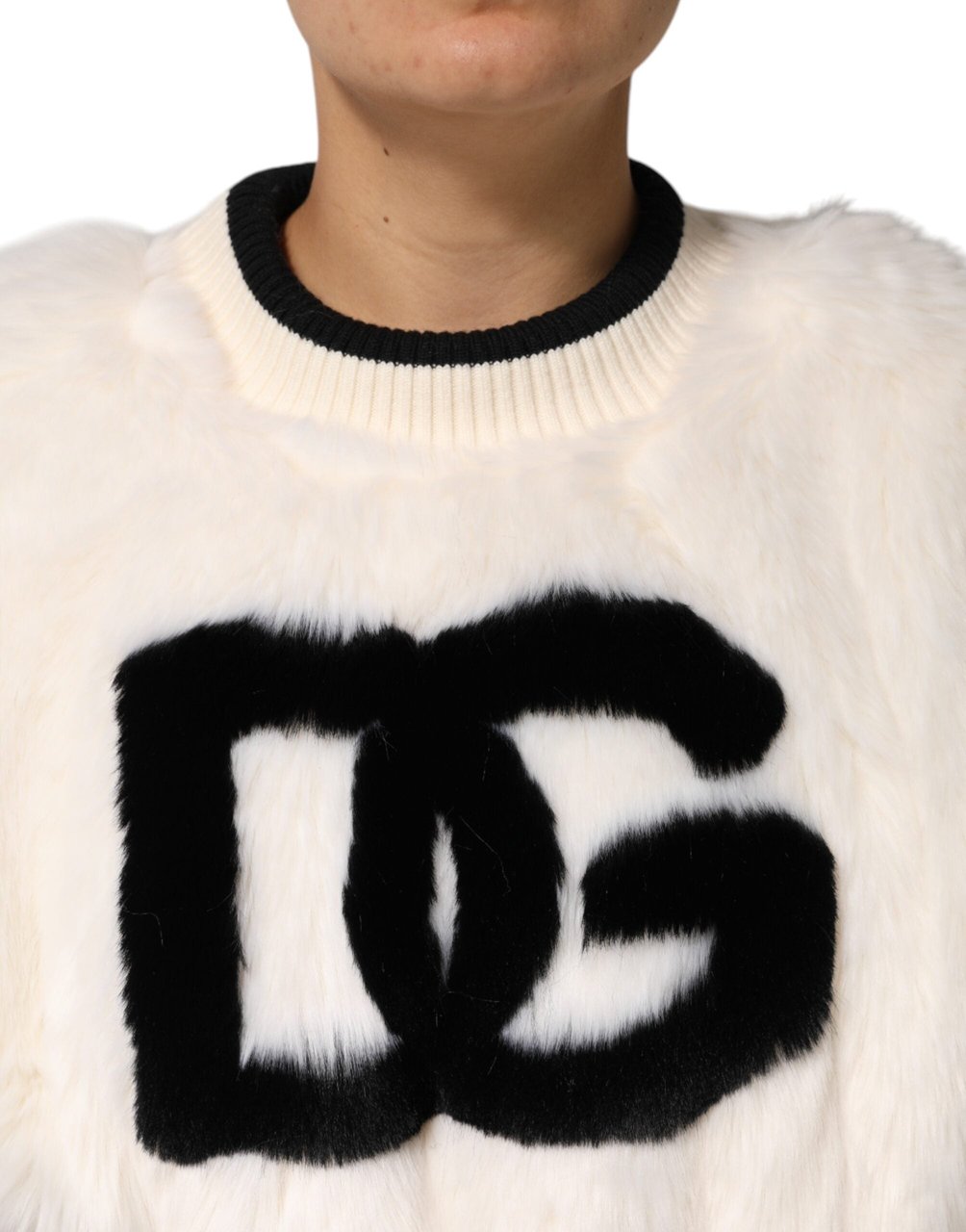 Dolce & Gabbana White Cropped Faux Fur DG Sweatshirt Sweater Divers