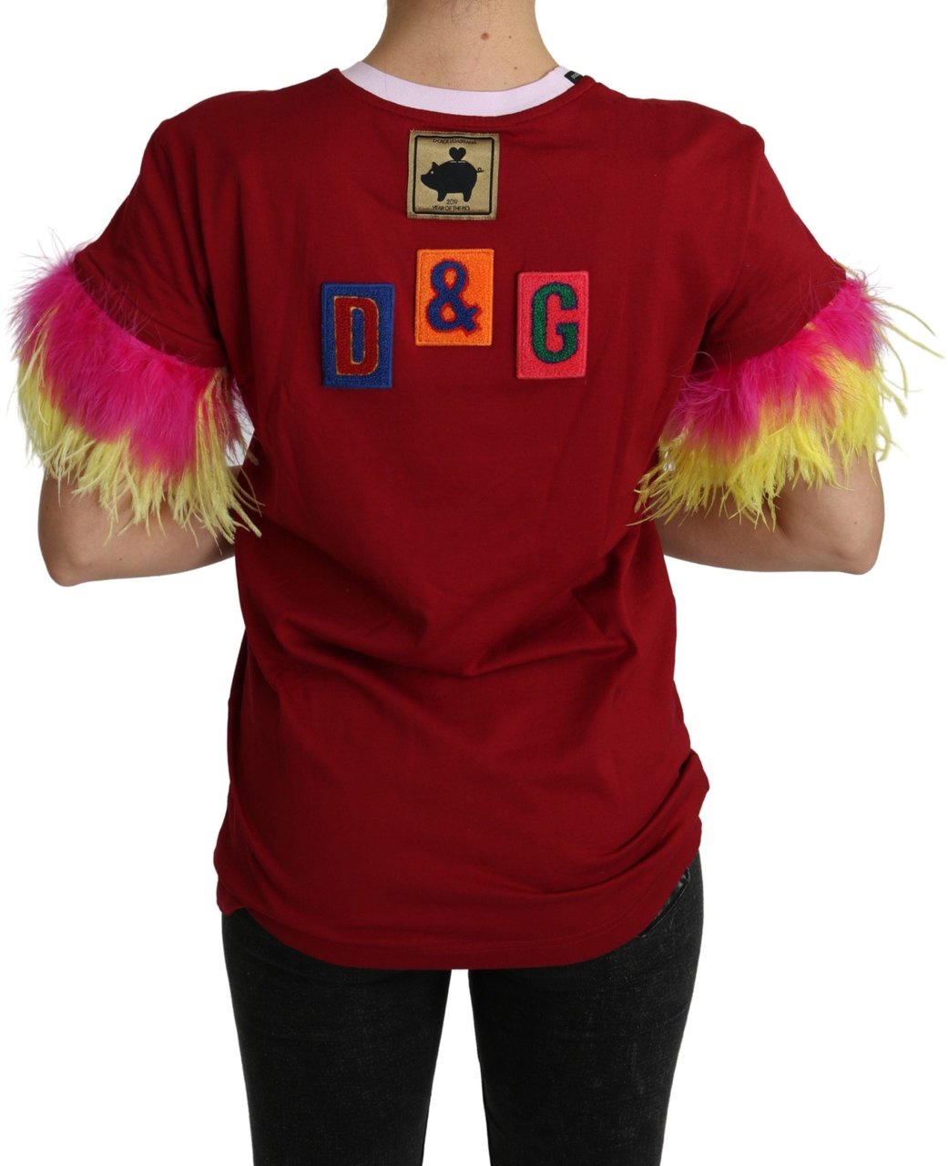 Dolce & Gabbana Red Pig Print Feather Sleeves T-shirt Top Wit