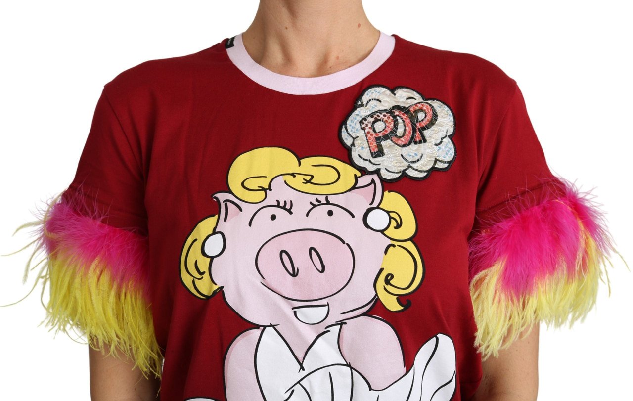 Dolce & Gabbana Red Pig Print Feather Sleeves T-shirt Top Wit
