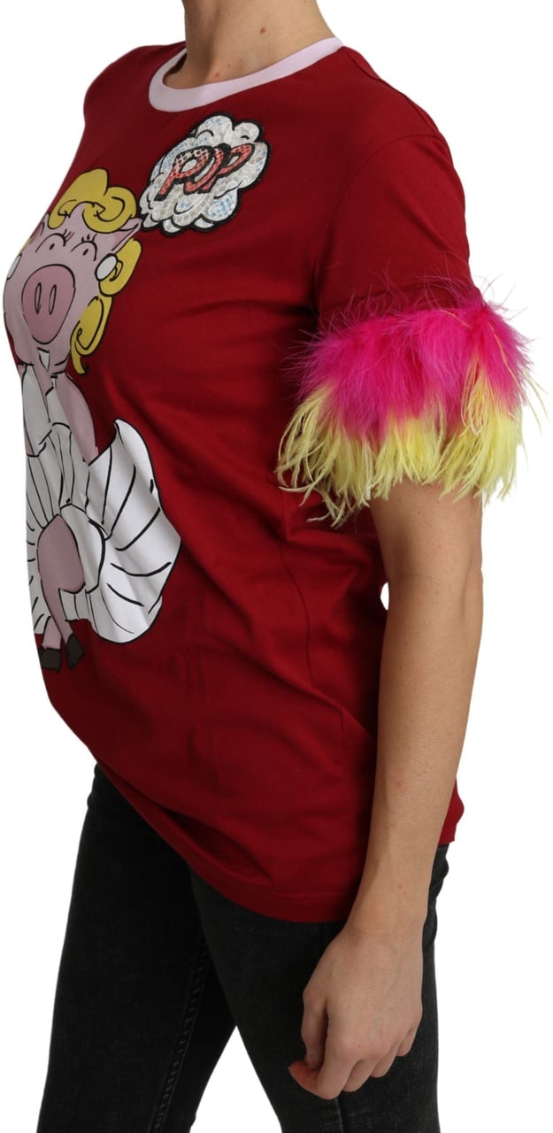 Dolce & Gabbana Red Pig Print Feather Sleeves T-shirt Top Wit