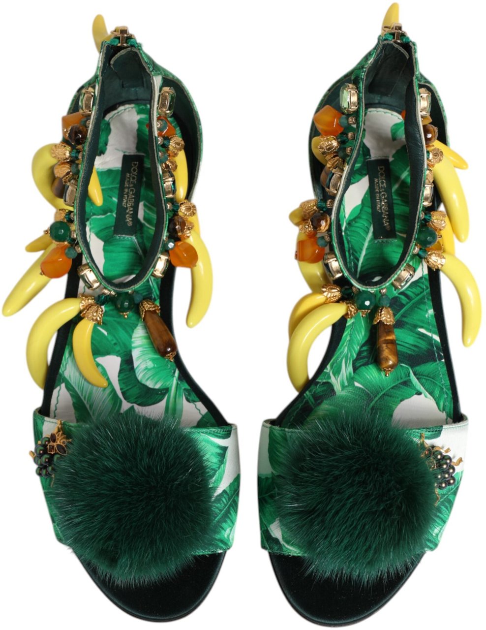 Dolce & Gabbana Green Mink Fur Satin Banana Leaf Sandals Shoes Groen