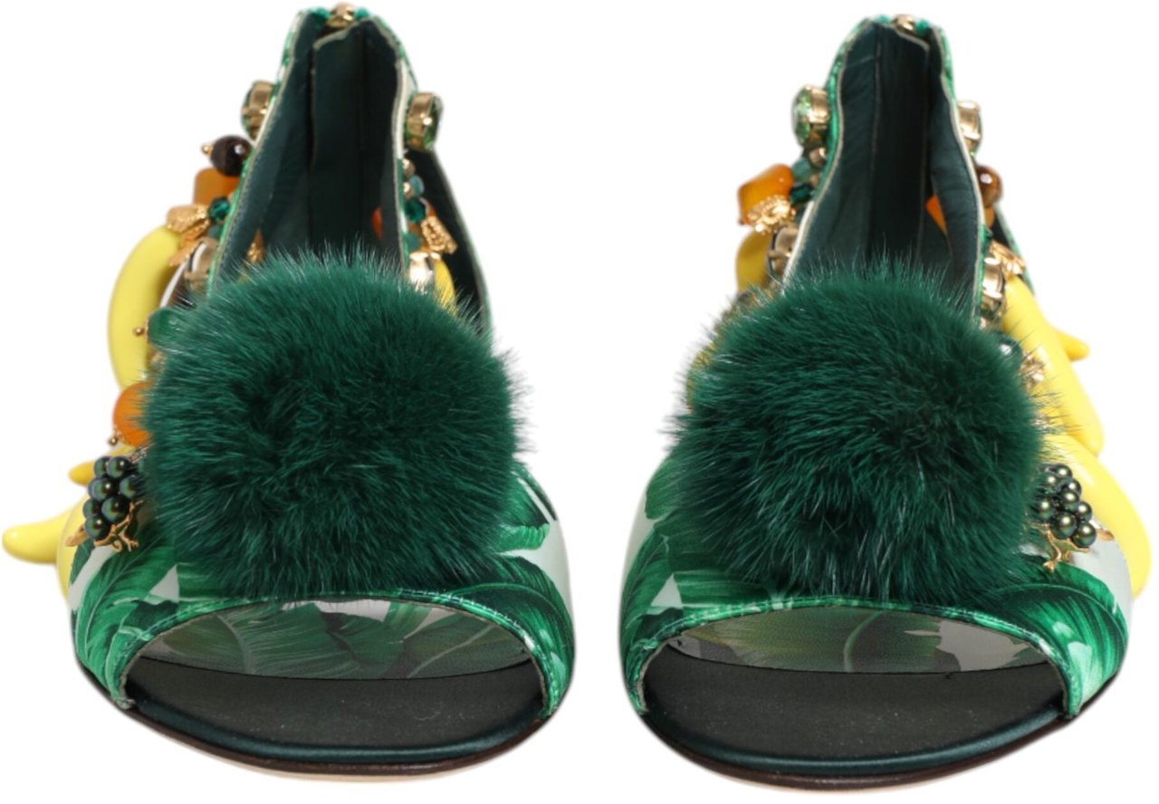 Dolce & Gabbana Green Mink Fur Satin Banana Leaf Sandals Shoes Groen