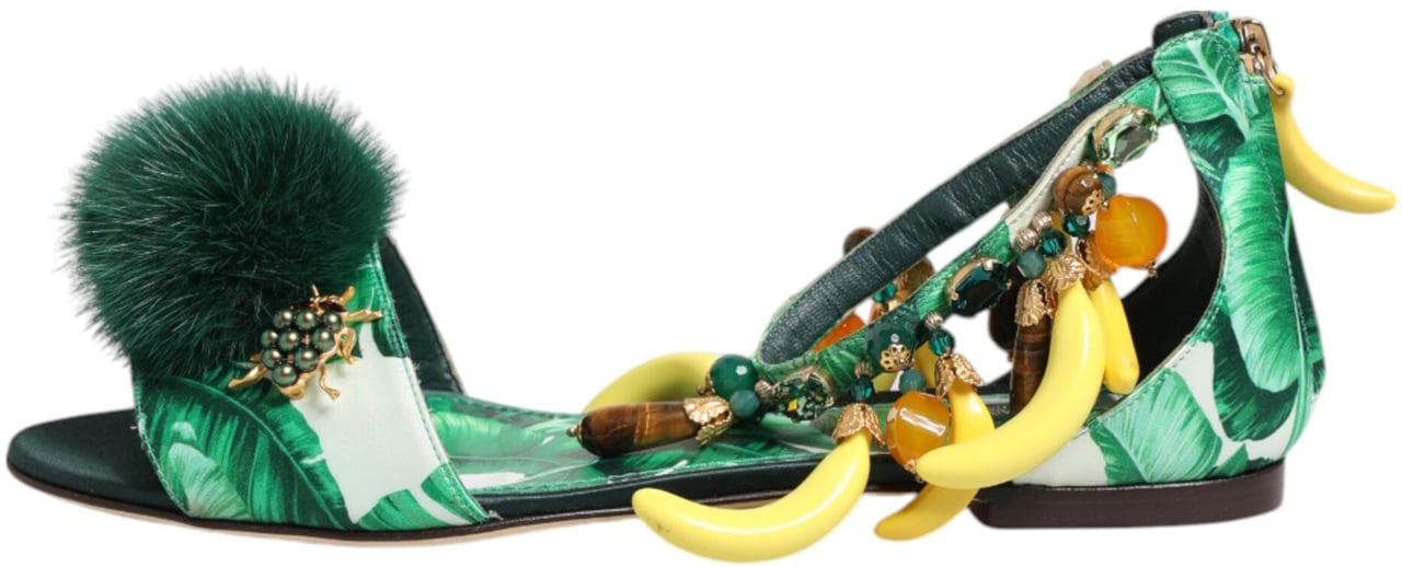 Dolce & Gabbana Green Mink Fur Satin Banana Leaf Sandals Shoes Groen