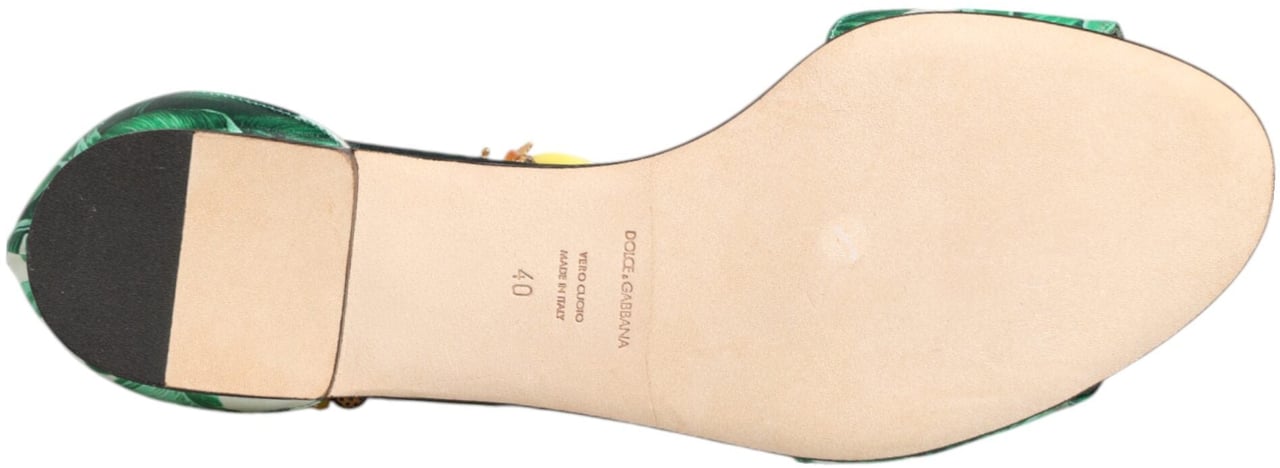 Dolce & Gabbana Green Mink Fur Satin Banana Leaf Sandals Shoes Groen