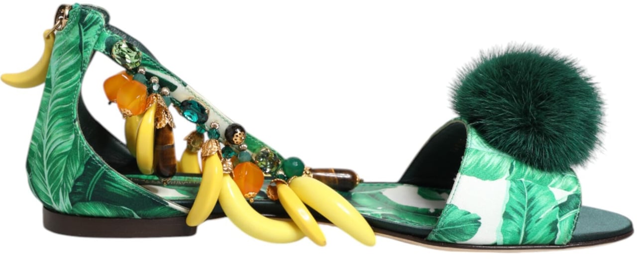 Dolce & Gabbana Green Mink Fur Satin Banana Leaf Sandals Shoes Groen