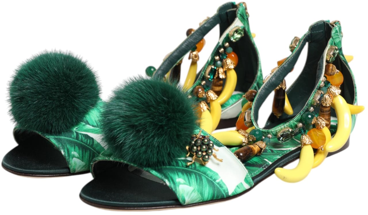 Dolce & Gabbana Green Mink Fur Satin Banana Leaf Sandals Shoes Groen