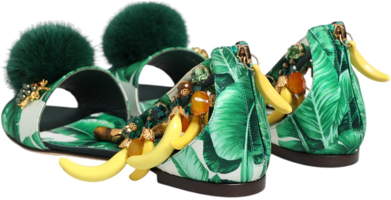 Dolce & Gabbana Green Mink Fur Satin Banana Leaf Sandals Shoes Groen