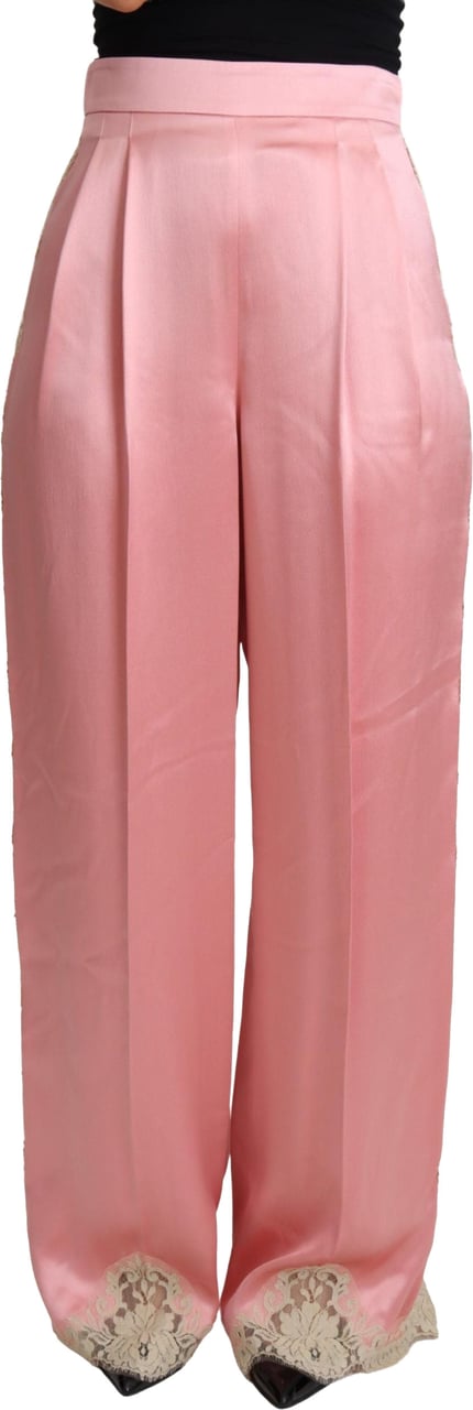 Dolce & Gabbana Pink Lace Trimmed Silk Satin Wide Legs Pants Roze