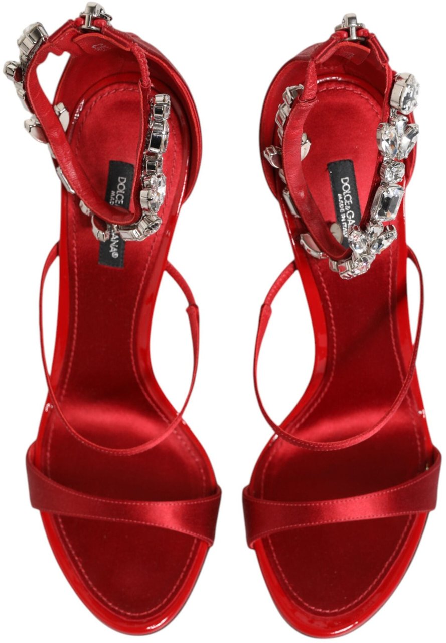 Dolce & Gabbana Red Satin Crystals Keira Sandals Heels Shoes Rood