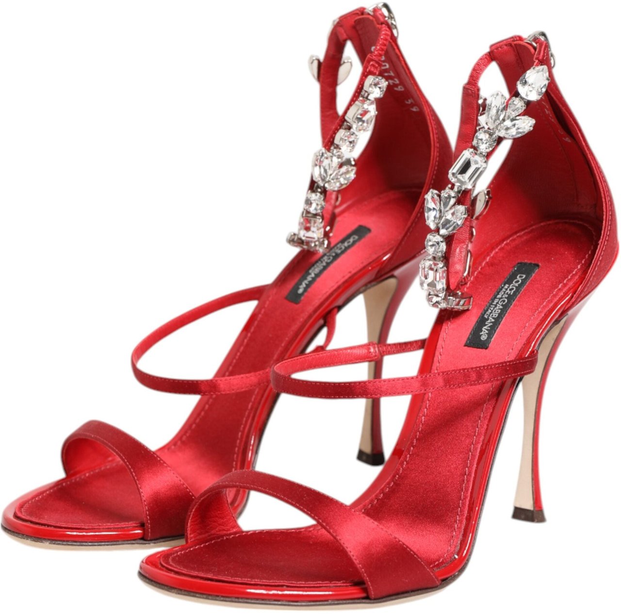 Dolce & Gabbana Red Satin Crystals Keira Sandals Heels Shoes Rood