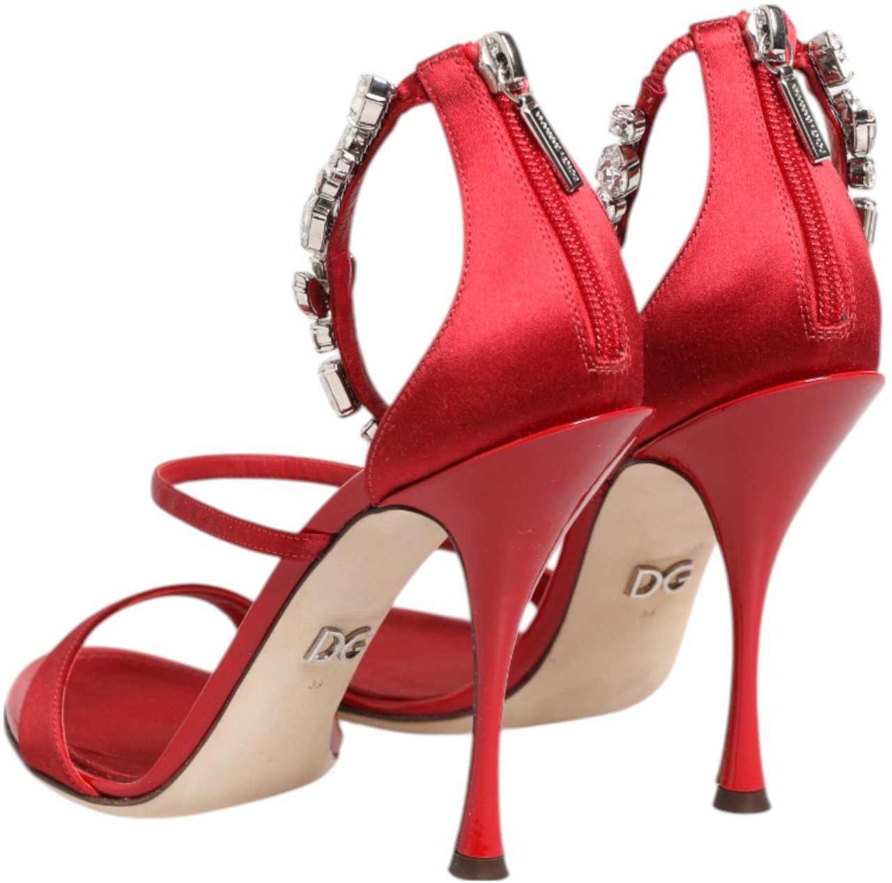 Dolce & Gabbana Red Satin Crystals Keira Sandals Heels Shoes Rood