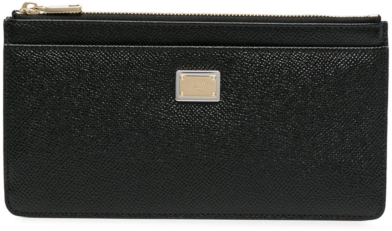 Dolce & Gabbana Textured Calfskin Dauphine Zippered Plaque Wallet Zwart