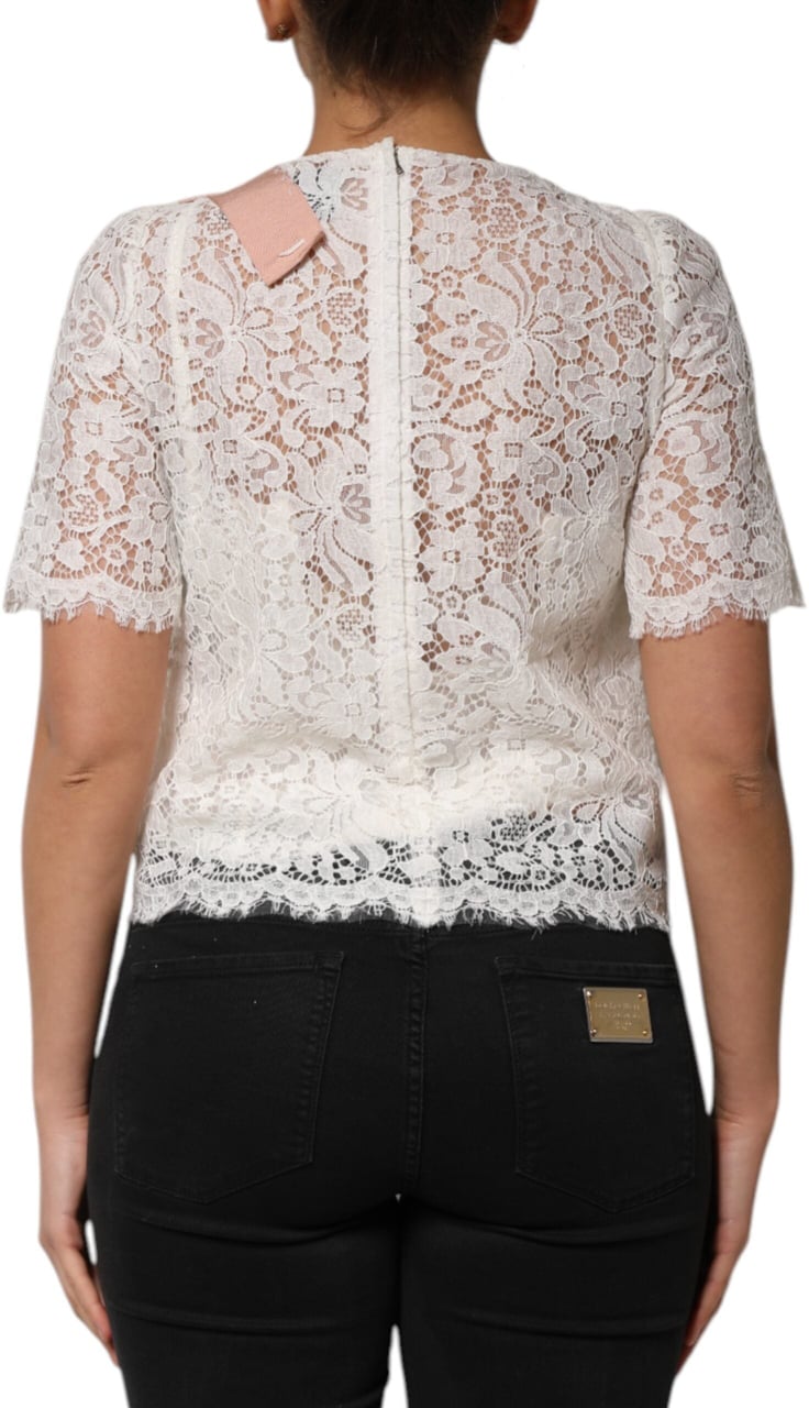 Dolce & Gabbana White Floral Lace Short Sleeves Blouse Top Wit