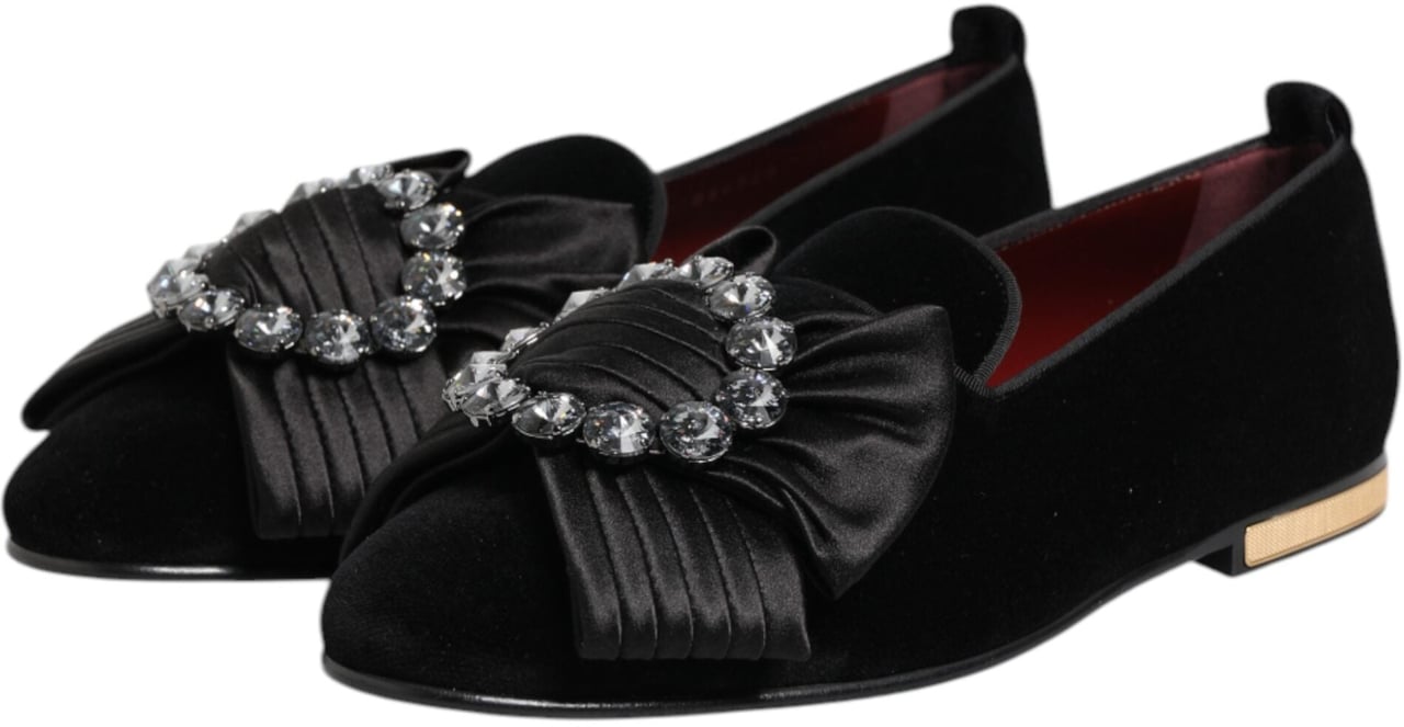 Dolce & Gabbana Black VATICANO Crystal Ribbon Slip On Shoes Zwart