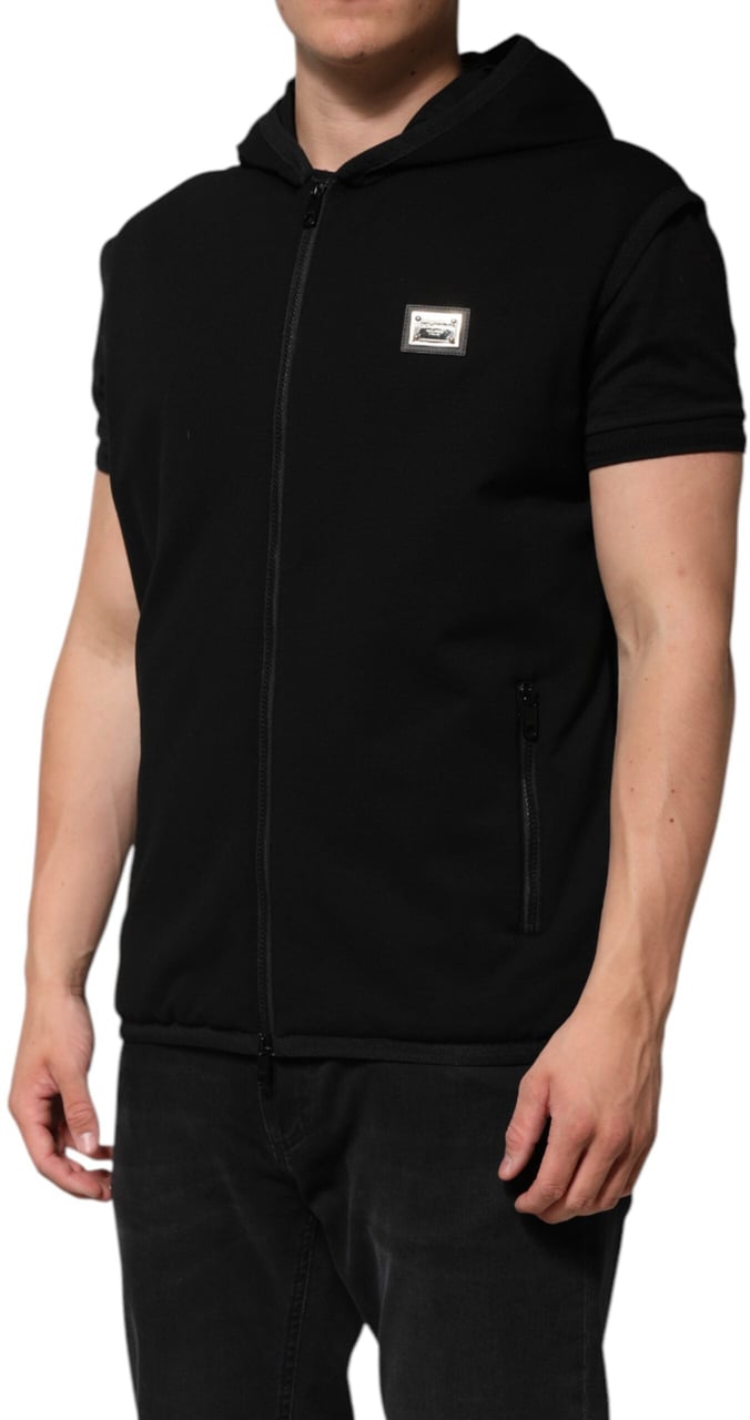 Dolce & Gabbana Black Sleeveless Hooded Logo Plaque Jacket Zwart
