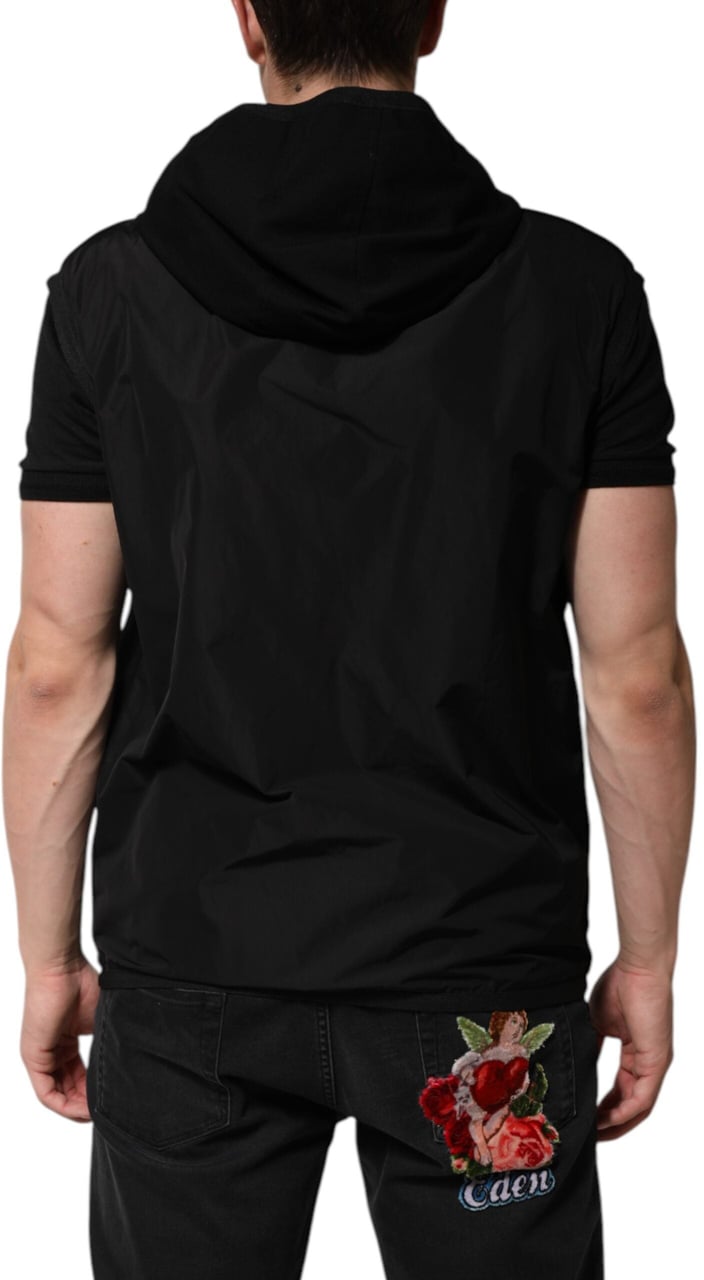 Dolce & Gabbana Black Sleeveless Hooded Logo Plaque Jacket Zwart
