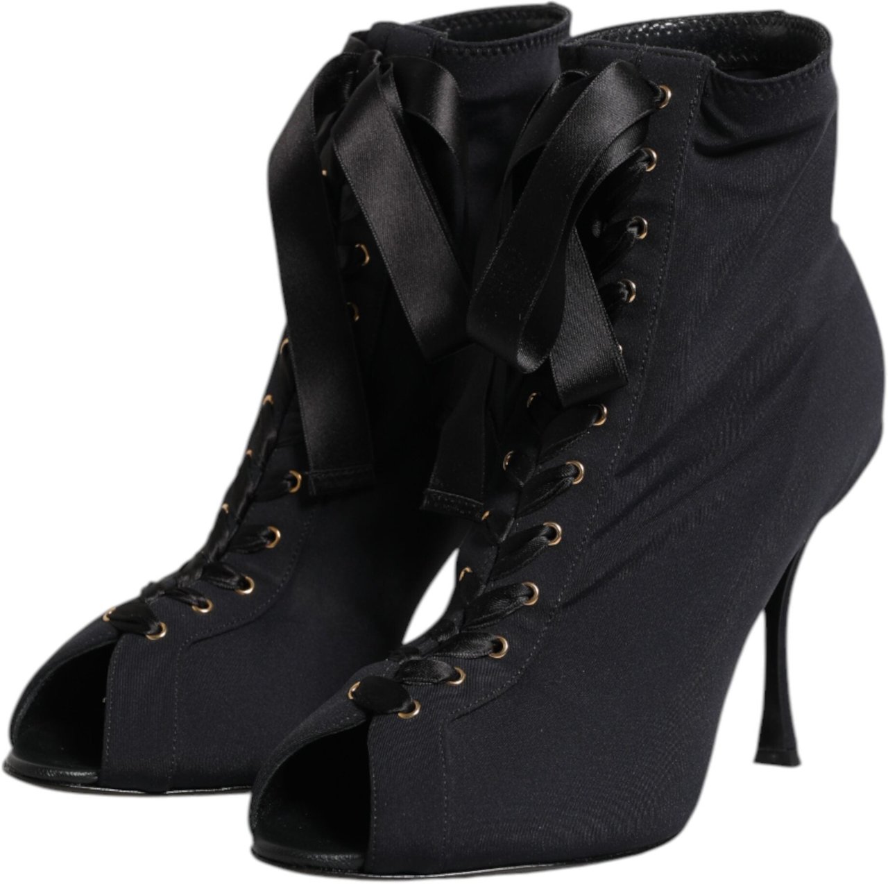 Dolce & Gabbana Black Stiletto Heels Lace Up Boots Shoes Zwart
