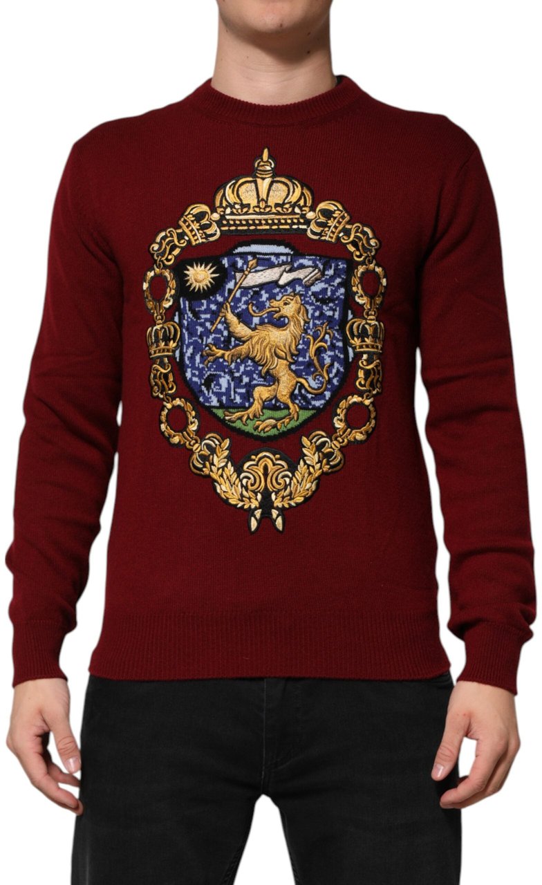 Dolce & Gabbana Burgundy Cashmere Lion Crest Pullover Sweater Maroon