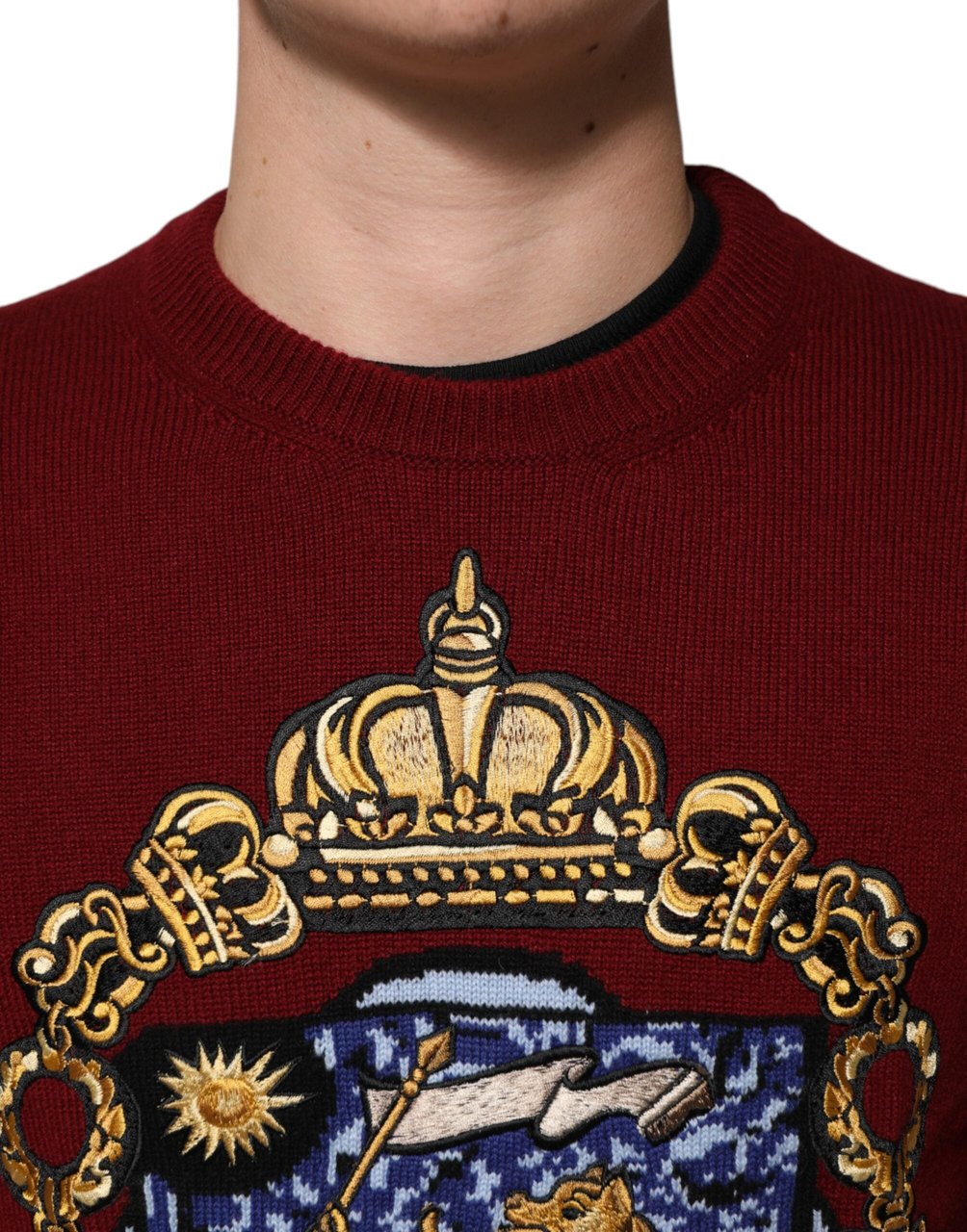 Dolce & Gabbana Burgundy Cashmere Lion Crest Pullover Sweater Maroon