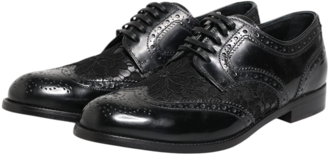 Dolce & Gabbana Black Leather Floral Lace Dress Formal Shoes Zwart