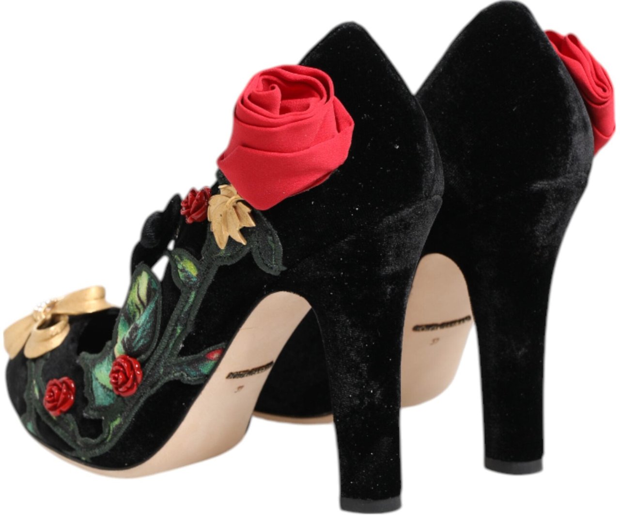 Dolce & Gabbana Black Roses Crystal Brooch Mary Jane Shoes Zwart