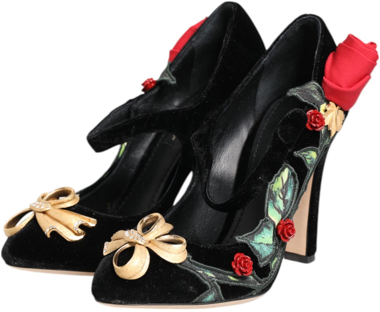 Dolce & Gabbana Black Roses Crystal Brooch Mary Jane Shoes Zwart