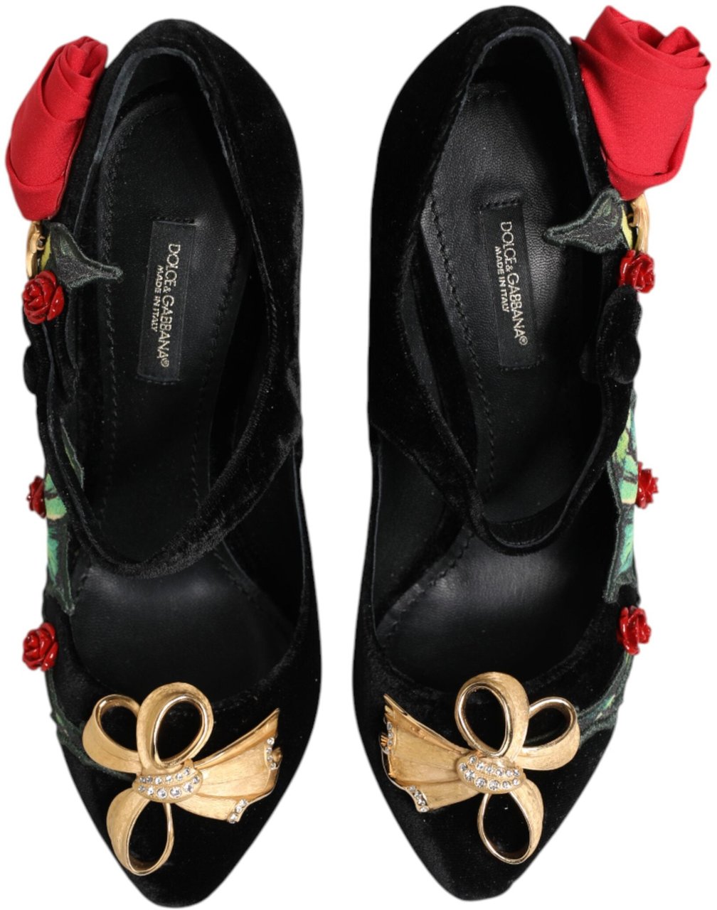 Dolce & Gabbana Black Roses Crystal Brooch Mary Jane Shoes Zwart