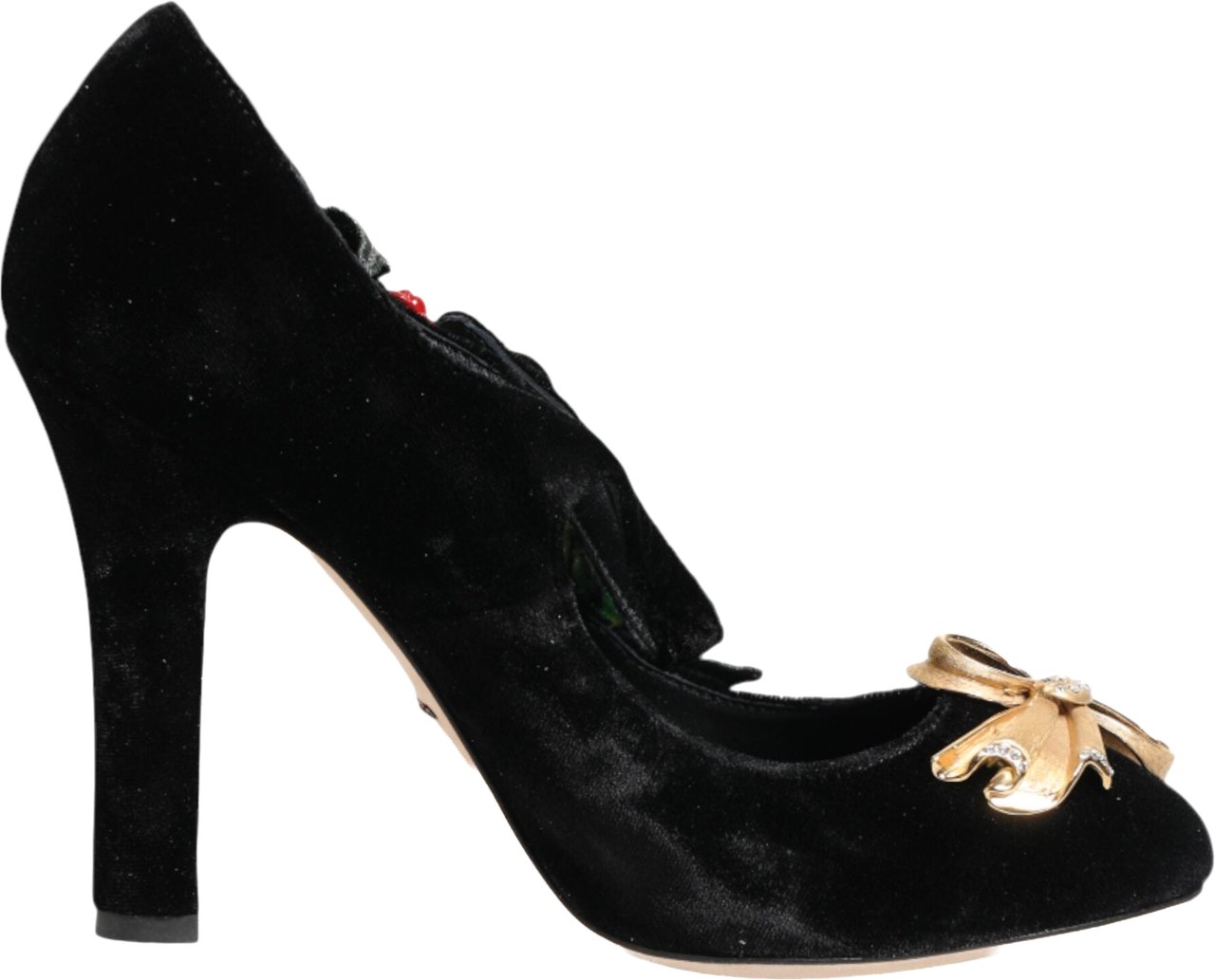 Dolce & Gabbana Black Roses Crystal Brooch Mary Jane Shoes Zwart