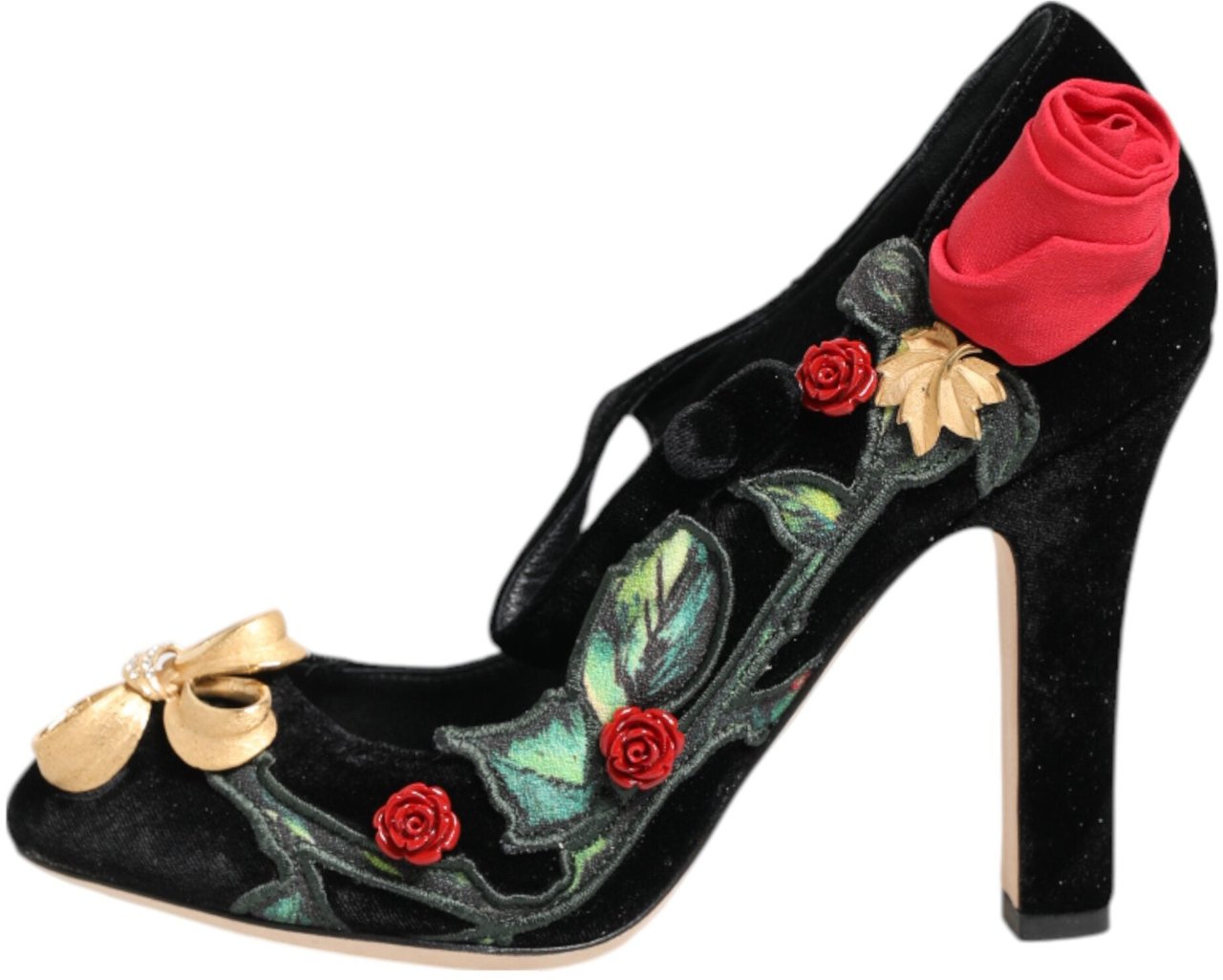 Dolce & Gabbana Black Roses Crystal Brooch Mary Jane Shoes Zwart