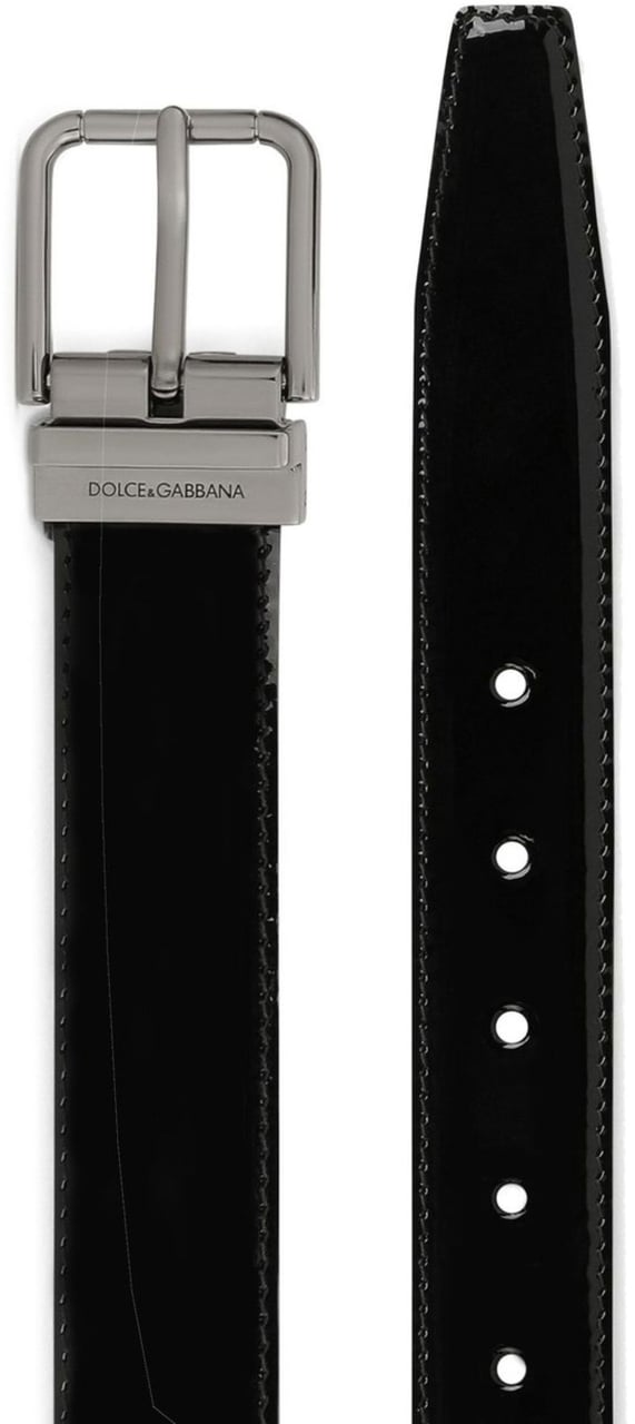 Dolce & Gabbana Lacquered Black Calf Leather Roller Belt Zwart