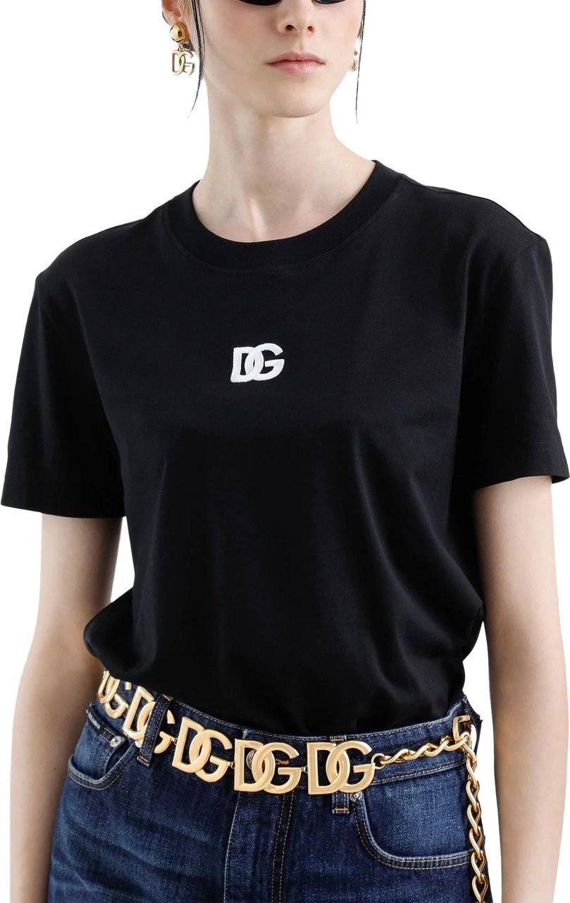 Dolce & Gabbana Black Jersey Cotton White Embroidered T-Shirt Zwart
