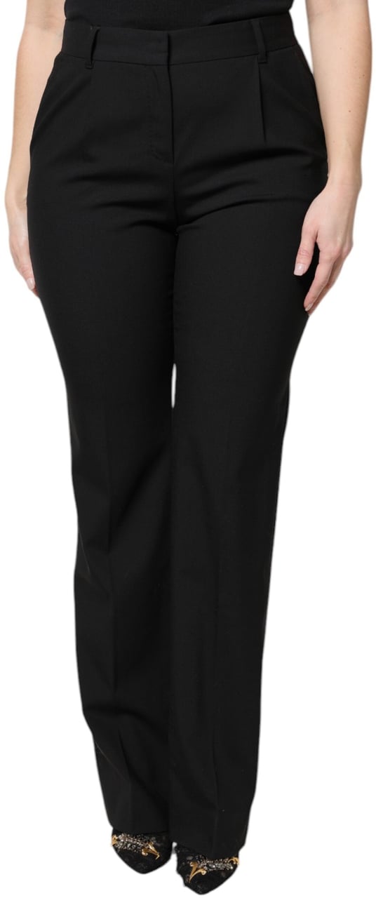 Dolce & Gabbana Black Wool High Waist Boot Cut Dress Pants Zwart
