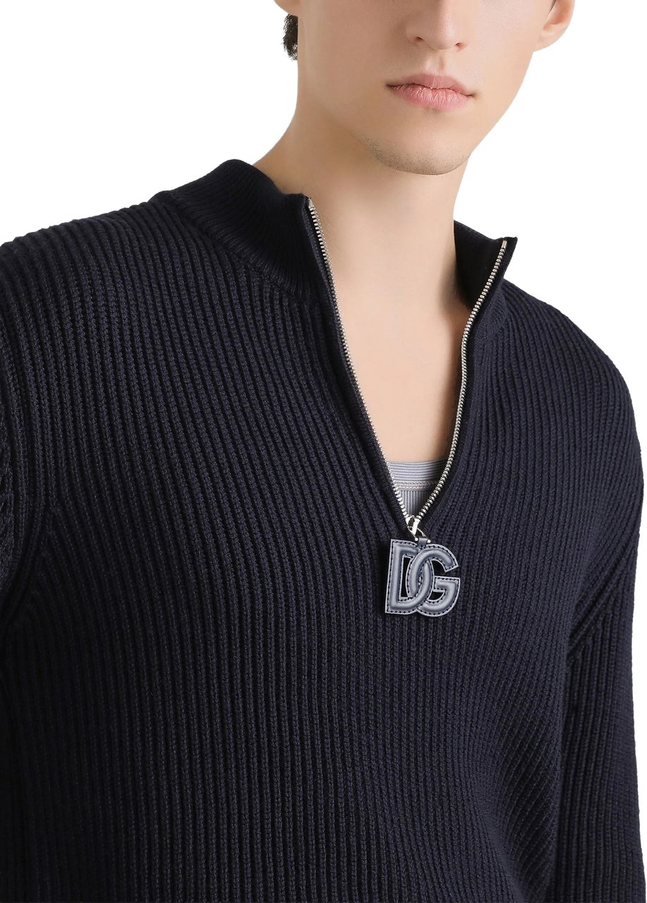 Dolce & Gabbana Black Ribbed Knit Half-Zip Wool Pullover Zwart