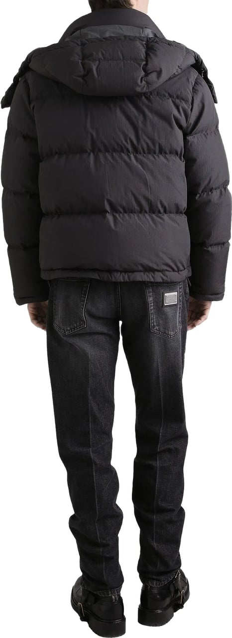 Dolce & Gabbana Black Boxy Cropped Padded Hooded Jacket Zwart