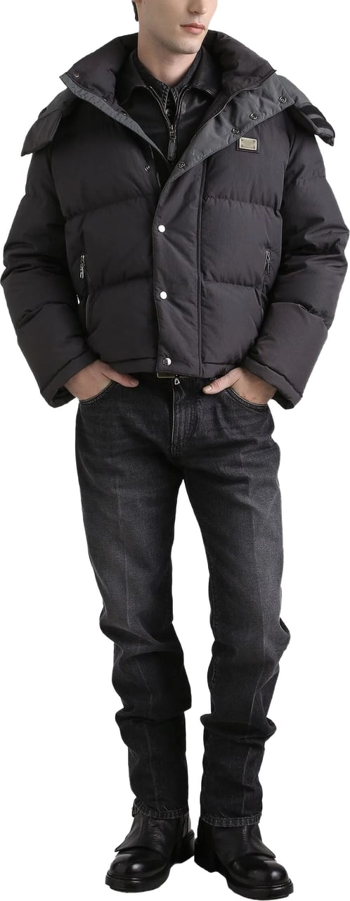 Dolce & Gabbana Black Boxy Cropped Padded Hooded Jacket Zwart