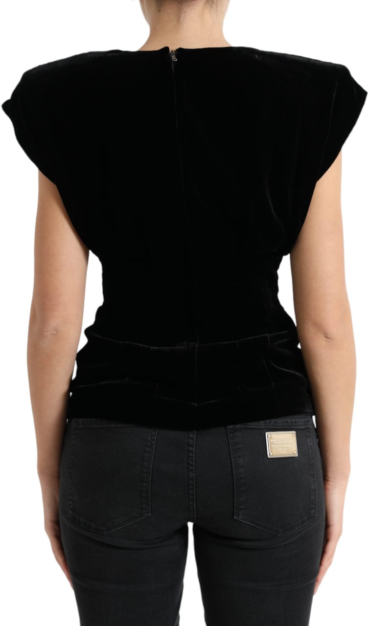 Dolce & Gabbana Black Velvet Fitted Padded Shoulder Blouse Top Zwart