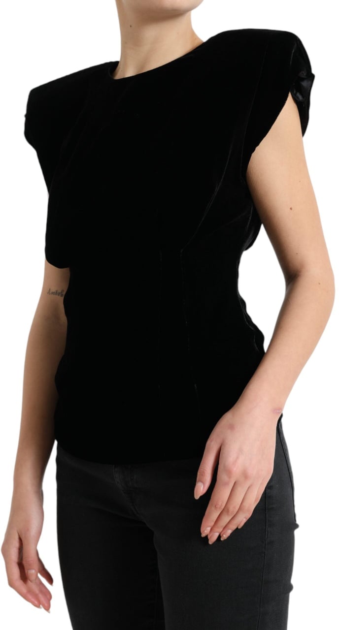 Dolce & Gabbana Black Velvet Fitted Padded Shoulder Blouse Top Zwart