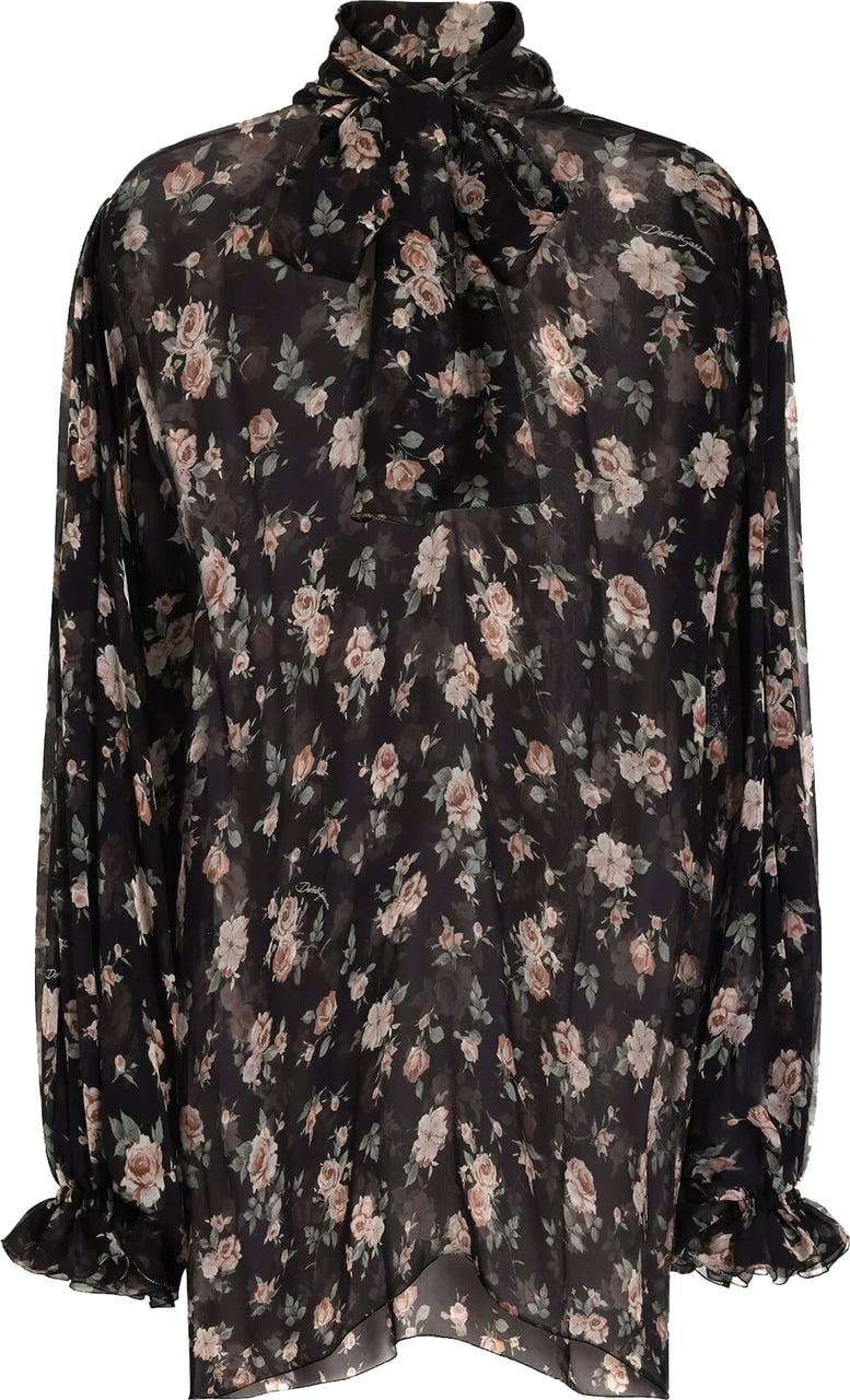 Dolce & Gabbana Black Sheer Floral Print Silk Blouse Zwart