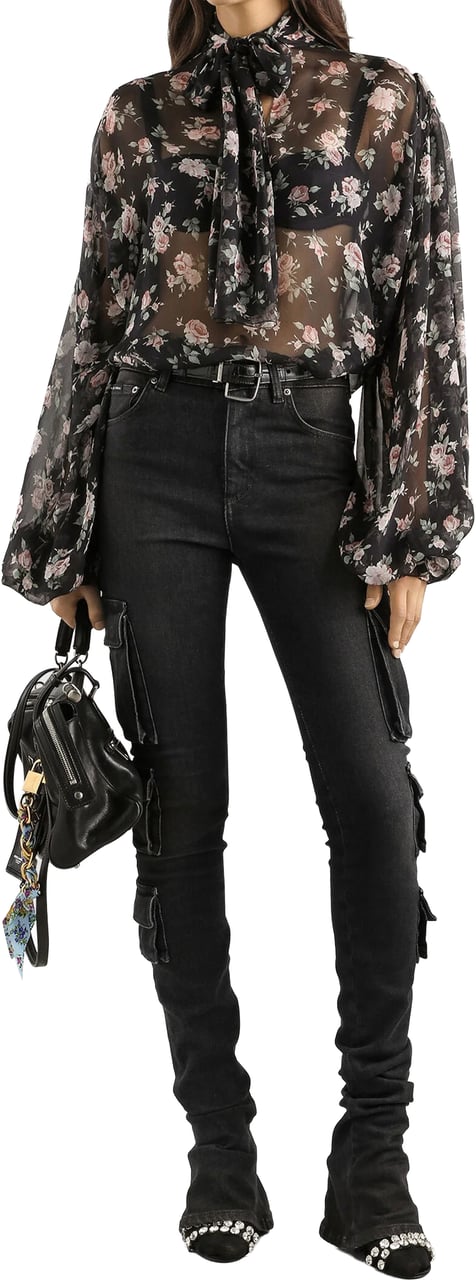Dolce & Gabbana Black Sheer Floral Print Silk Blouse Zwart