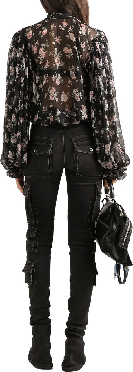 Dolce & Gabbana Black Sheer Floral Print Silk Blouse Zwart