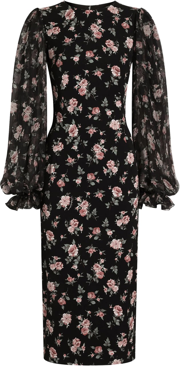 Dolce & Gabbana Fitted Midi Floral Print Silk Dress Zwart