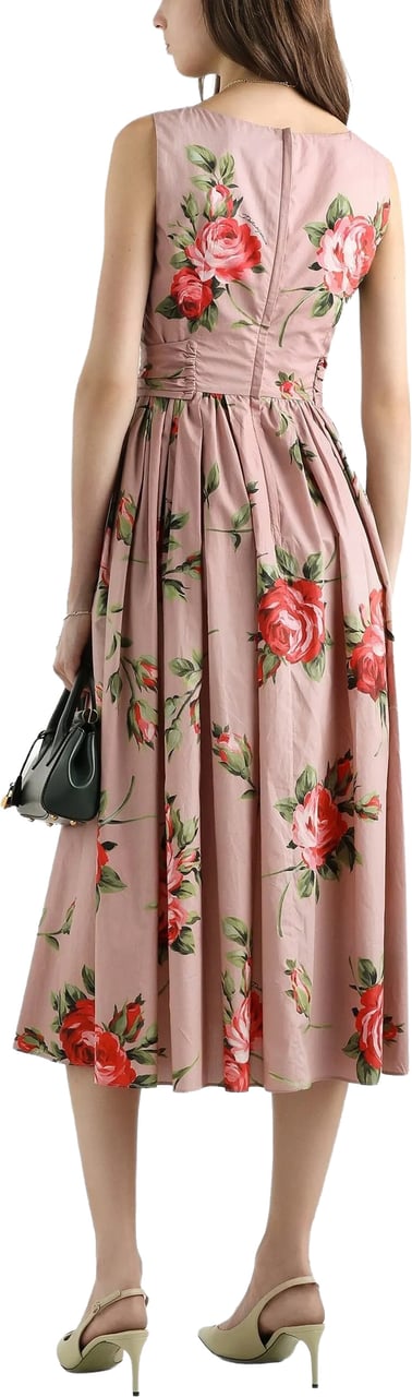 Dolce & Gabbana Sleeveless Midi Floral Pleated Cotton Dress Roze