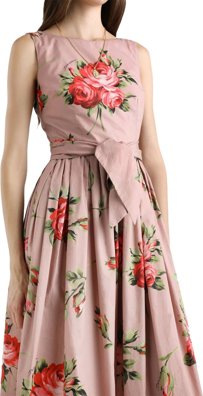 Dolce & Gabbana Sleeveless Midi Floral Pleated Cotton Dress Roze
