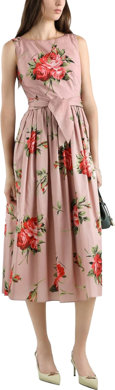 Dolce & Gabbana Sleeveless Midi Floral Pleated Cotton Dress Roze