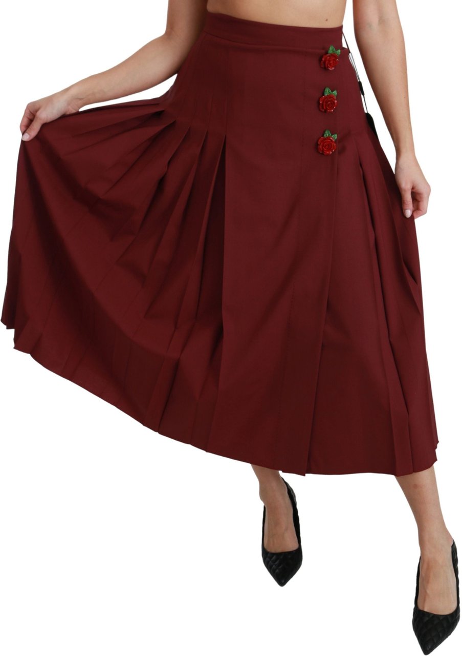 Dolce & Gabbana Red High Waist Pleated Maxi Wool Skirt Rood
